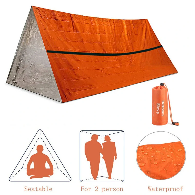 (image for) 2 Person Emergency Shelter Bivy Survival Tent Kit Mylar Tube Tent Sleeping Bag Waterproof Outdoor SOS Thermal Blanket Reusable